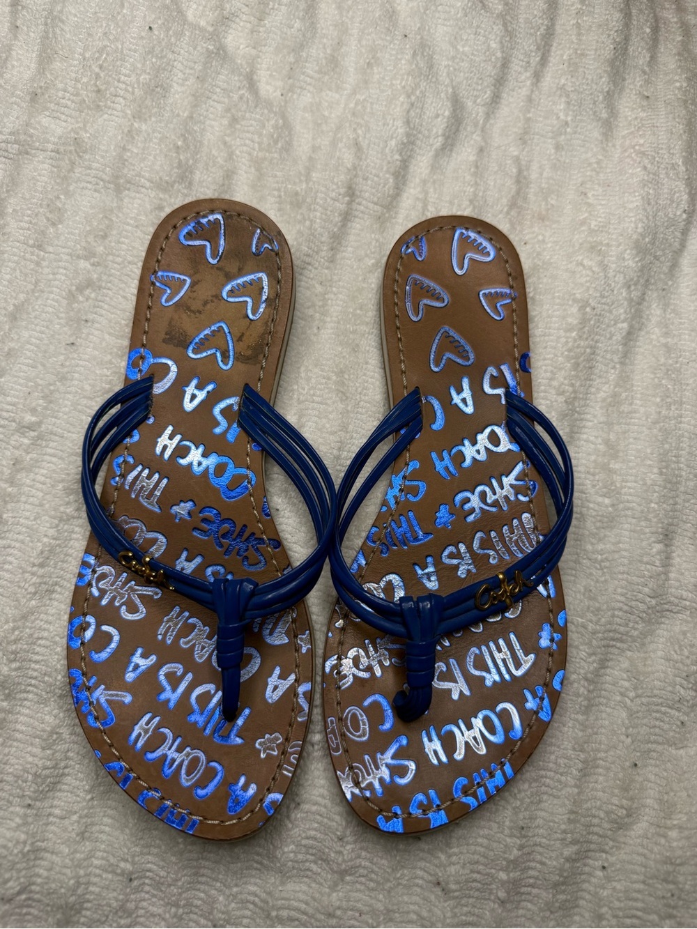 Coach Blue Thong Sandals Flip Flops Graffiti Print Size 6